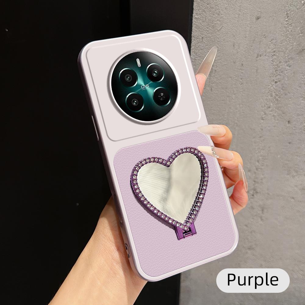 For Realme 12+ Lambskin Series Skin Feel Shockproof Phone Case with Heart Mirror Holder(Purple)