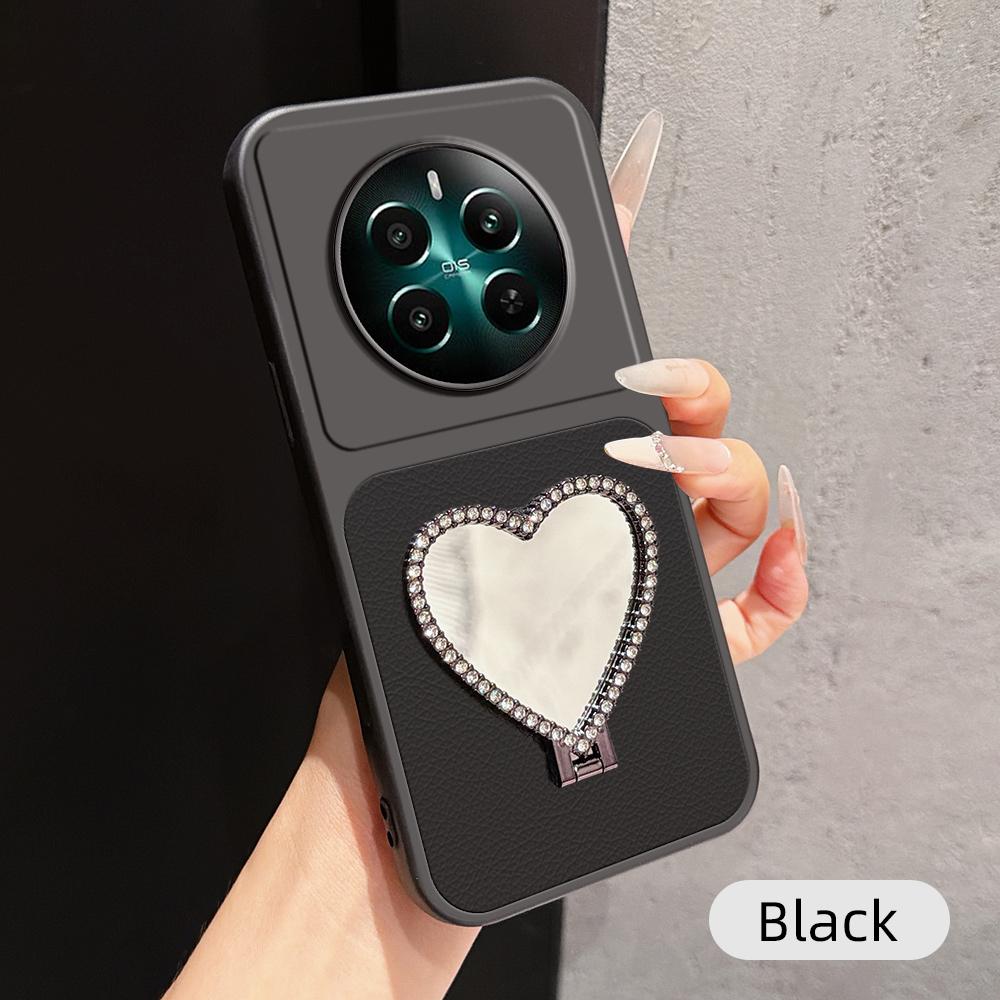 For Realme 12+ Lambskin Series Skin Feel Shockproof Phone Case with Heart Mirror Holder(Black)