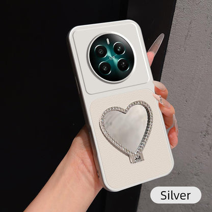 For Realme 12+ Lambskin Series Skin Feel Shockproof Phone Case with Heart Mirror Holder(Silver)