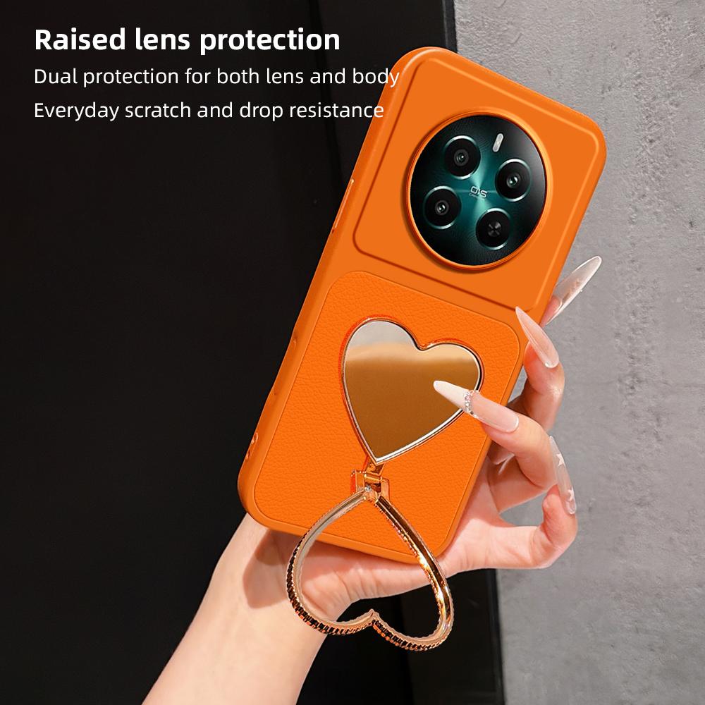 For Realme 12+ Lambskin Series Skin Feel Shockproof Phone Case with Heart Mirror Holder(Silver)