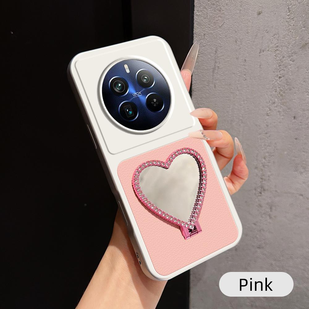 For Realme 12 Pro+ Lambskin Series Skin Feel Shockproof Phone Case with Heart Mirror Holder(Pink)