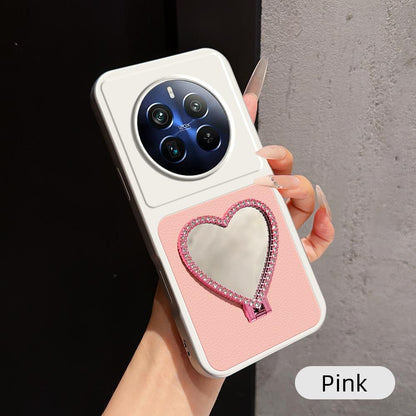 For Realme 12 Pro+ Lambskin Series Skin Feel Shockproof Phone Case with Heart Mirror Holder(Pink)