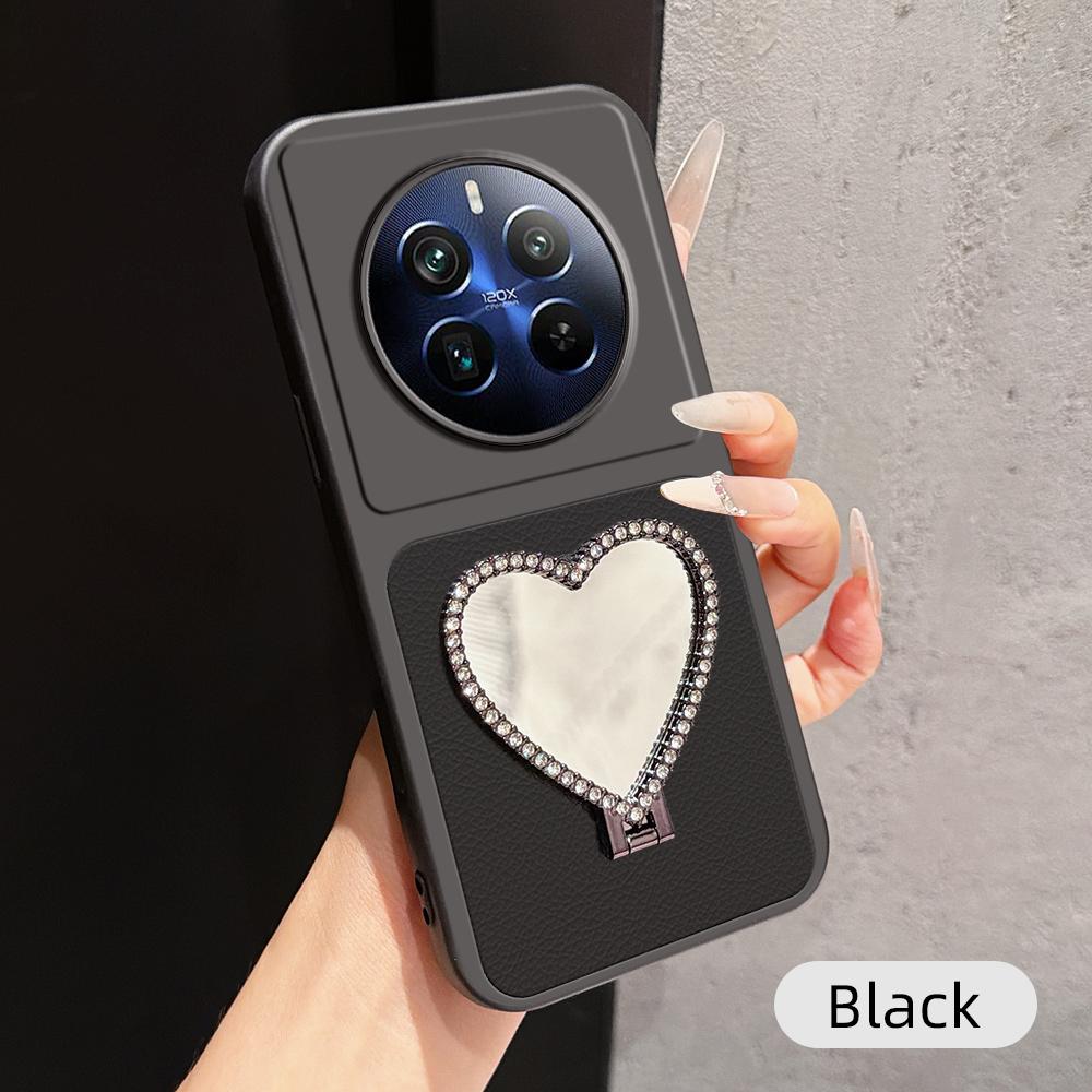 For Realme 12 Pro+ Lambskin Series Skin Feel Shockproof Phone Case with Heart Mirror Holder(Black)