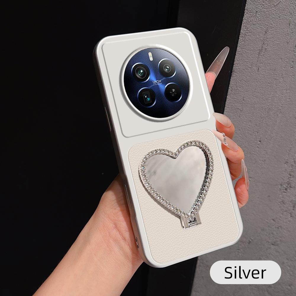 For Realme 12 Pro+ Lambskin Series Skin Feel Shockproof Phone Case with Heart Mirror Holder(Silver)
