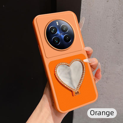 For Realme 12 Pro+ Lambskin Series Skin Feel Shockproof Phone Case with Heart Mirror Holder(Orange)