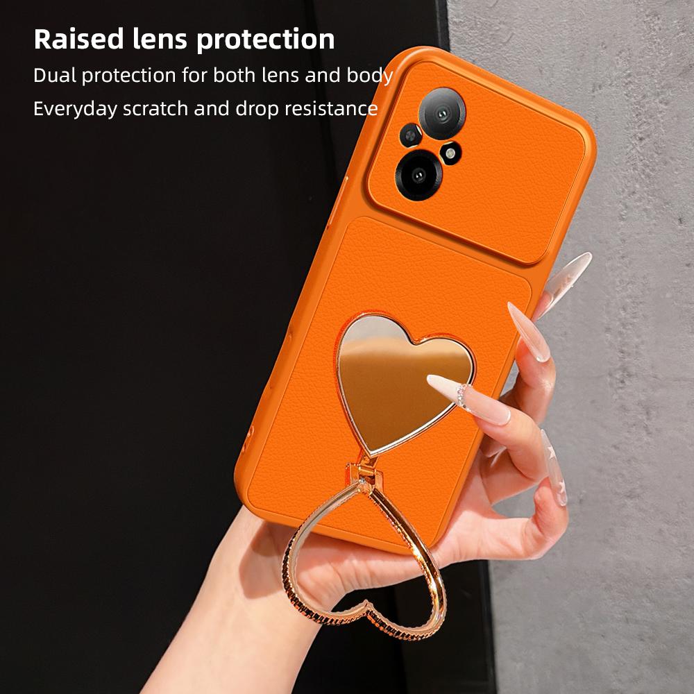 For Realme C67 4G Lambskin Series Skin Feel Shockproof Phone Case with Heart Mirror Holder(Black)