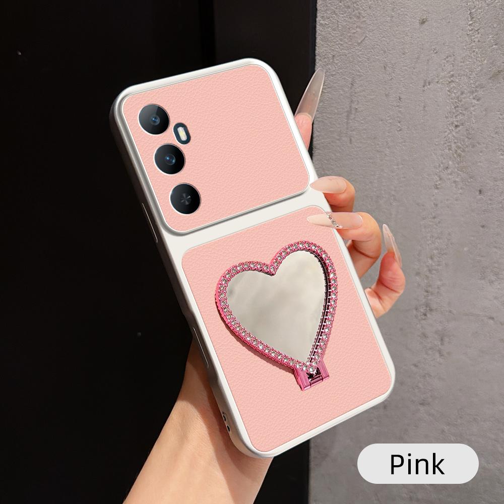 For Realme C65 Lambskin Series Skin Feel Shockproof Phone Case with Heart Mirror Holder(Pink)
