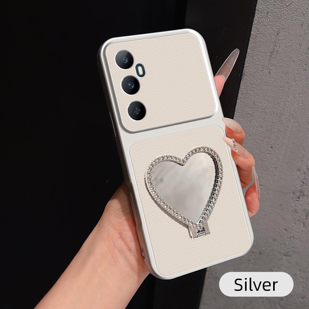 For Realme C65 Lambskin Series Skin Feel Shockproof Phone Case with Heart Mirror Holder(Silver)