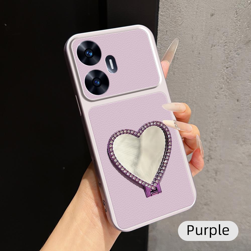 For Realme C55 Lambskin Series Skin Feel Shockproof Phone Case with Heart Mirror Holder(Purple)