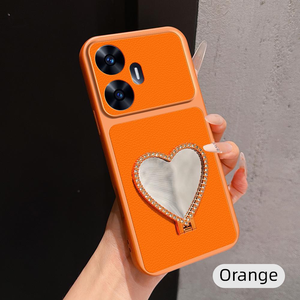 For Realme C55 Lambskin Series Skin Feel Shockproof Phone Case with Heart Mirror Holder(Orange)