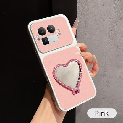 For Realme GT 8 Pro Global Lambskin Series Skin Feel Shockproof Phone Case with Heart Mirror Holder(Pink)