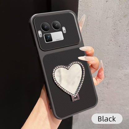 For Realme GT 8 Pro Global Lambskin Series Skin Feel Shockproof Phone Case with Heart Mirror Holder(Black)