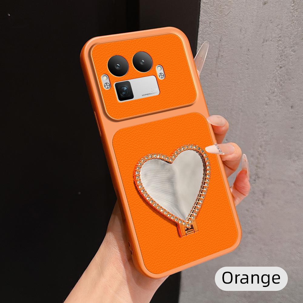 For Realme GT 8 Pro Global Lambskin Series Skin Feel Shockproof Phone Case with Heart Mirror Holder(Orange)