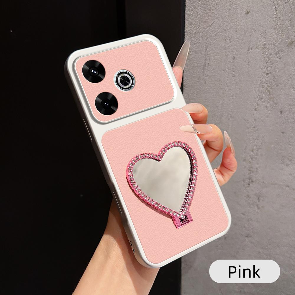 For Redmi 13 5G / 4G Lambskin Series Skin Feel Shockproof Phone Case with Heart Mirror Holder(Pink)