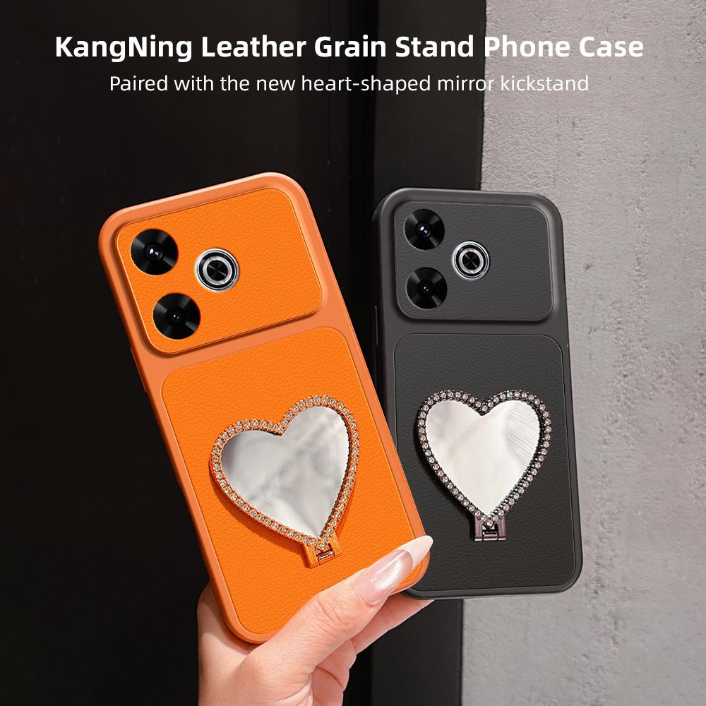 For Redmi 13 5G / 4G Lambskin Series Skin Feel Shockproof Phone Case with Heart Mirror Holder(Pink)