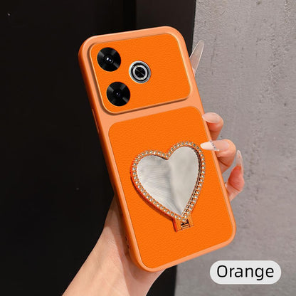 For Redmi 13 5G / 4G Lambskin Series Skin Feel Shockproof Phone Case with Heart Mirror Holder(Orange)