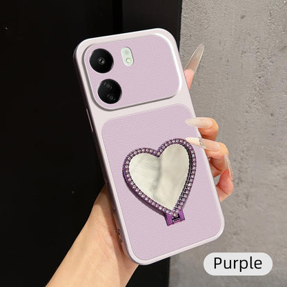 For Redmi 13C Lambskin Series Skin Feel Shockproof Phone Case with Heart Mirror Holder(Purple)