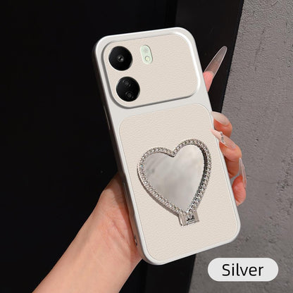 For Redmi 13C Lambskin Series Skin Feel Shockproof Phone Case with Heart Mirror Holder(Silver)