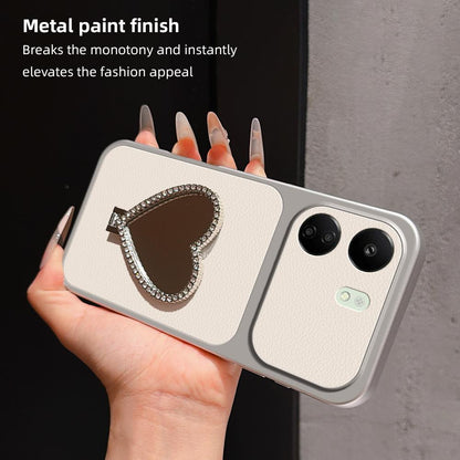For Redmi 13C Lambskin Series Skin Feel Shockproof Phone Case with Heart Mirror Holder(Silver)