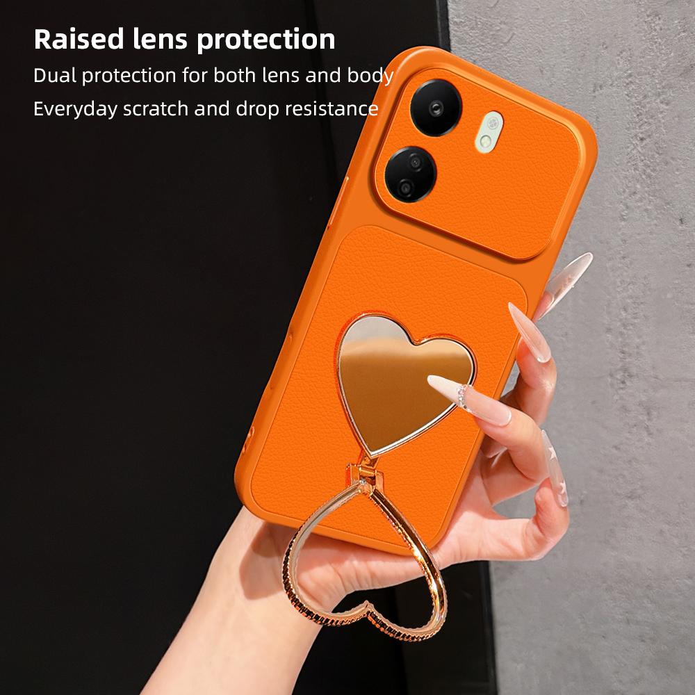 For Redmi 13C Lambskin Series Skin Feel Shockproof Phone Case with Heart Mirror Holder(Silver)