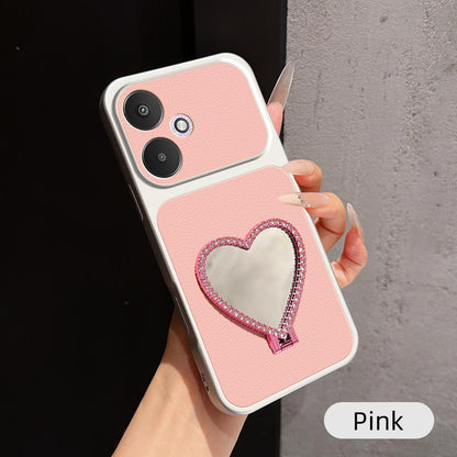 For Redmi 13C 5G Lambskin Series Skin Feel Shockproof Phone Case with Heart Mirror Holder(Pink)