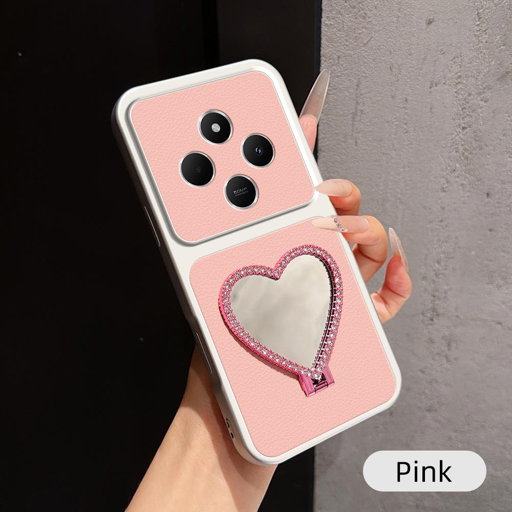 For Redmi 14C 5G / 4G Lambskin Series Skin Feel Shockproof Phone Case with Heart Mirror Holder(Pink)
