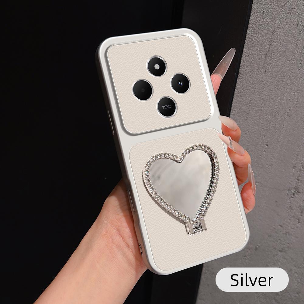 For Redmi 14C 5G / 4G Lambskin Series Skin Feel Shockproof Phone Case with Heart Mirror Holder(Silver)