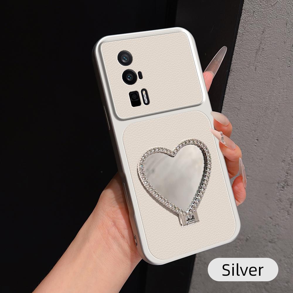 For Redmi K60 Lambskin Series Skin Feel Shockproof Phone Case with Heart Mirror Holder(Silver)