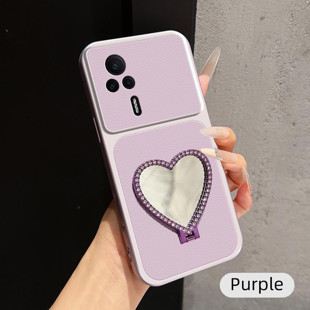 For Redmi K60E Lambskin Series Skin Feel Shockproof Phone Case with Heart Mirror Holder(Purple)