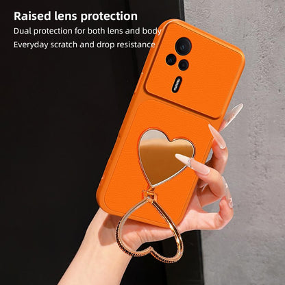 For Redmi K60E Lambskin Series Skin Feel Shockproof Phone Case with Heart Mirror Holder(Black)