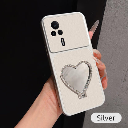 For Redmi K60E Lambskin Series Skin Feel Shockproof Phone Case with Heart Mirror Holder(Silver)