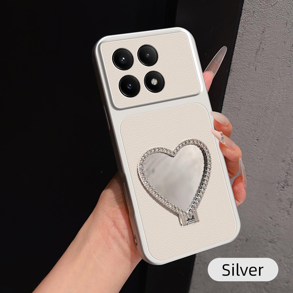 For Redmi K70E Lambskin Series Skin Feel Shockproof Phone Case with Heart Mirror Holder(Silver)