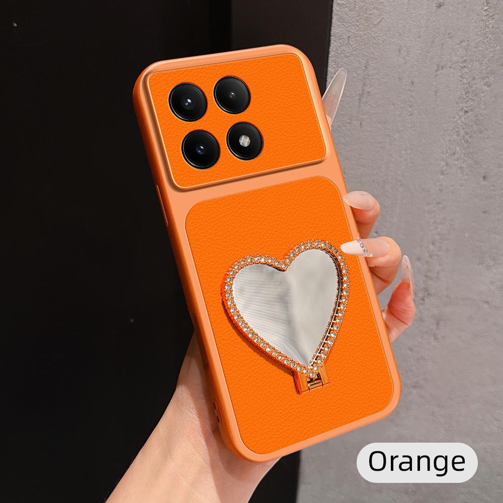 For Redmi K70E Lambskin Series Skin Feel Shockproof Phone Case with Heart Mirror Holder(Orange)