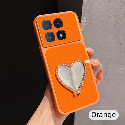 For Redmi K70 Ultra Lambskin Series Skin Feel Shockproof Phone Case with Heart Mirror Holder(Orange)