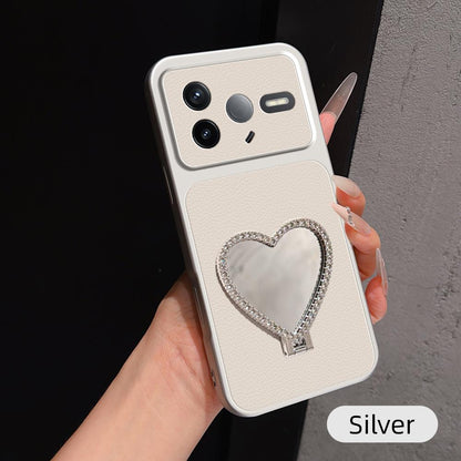For Redmi K80 Lambskin Series Skin Feel Shockproof Phone Case with Heart Mirror Holder(Silver)