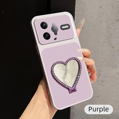 For Redmi K80 Pro Lambskin Series Skin Feel Shockproof Phone Case with Heart Mirror Holder(Purple)