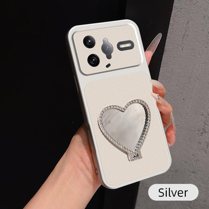 For Redmi K80 Pro Lambskin Series Skin Feel Shockproof Phone Case with Heart Mirror Holder(Silver)