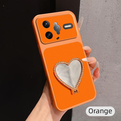For Redmi K80 Pro Lambskin Series Skin Feel Shockproof Phone Case with Heart Mirror Holder(Orange)