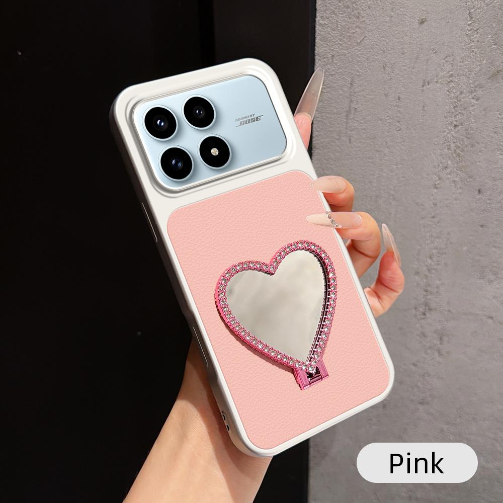 For Redmi K90 Lambskin Series Skin Feel Shockproof Phone Case with Heart Mirror Holder(Pink)