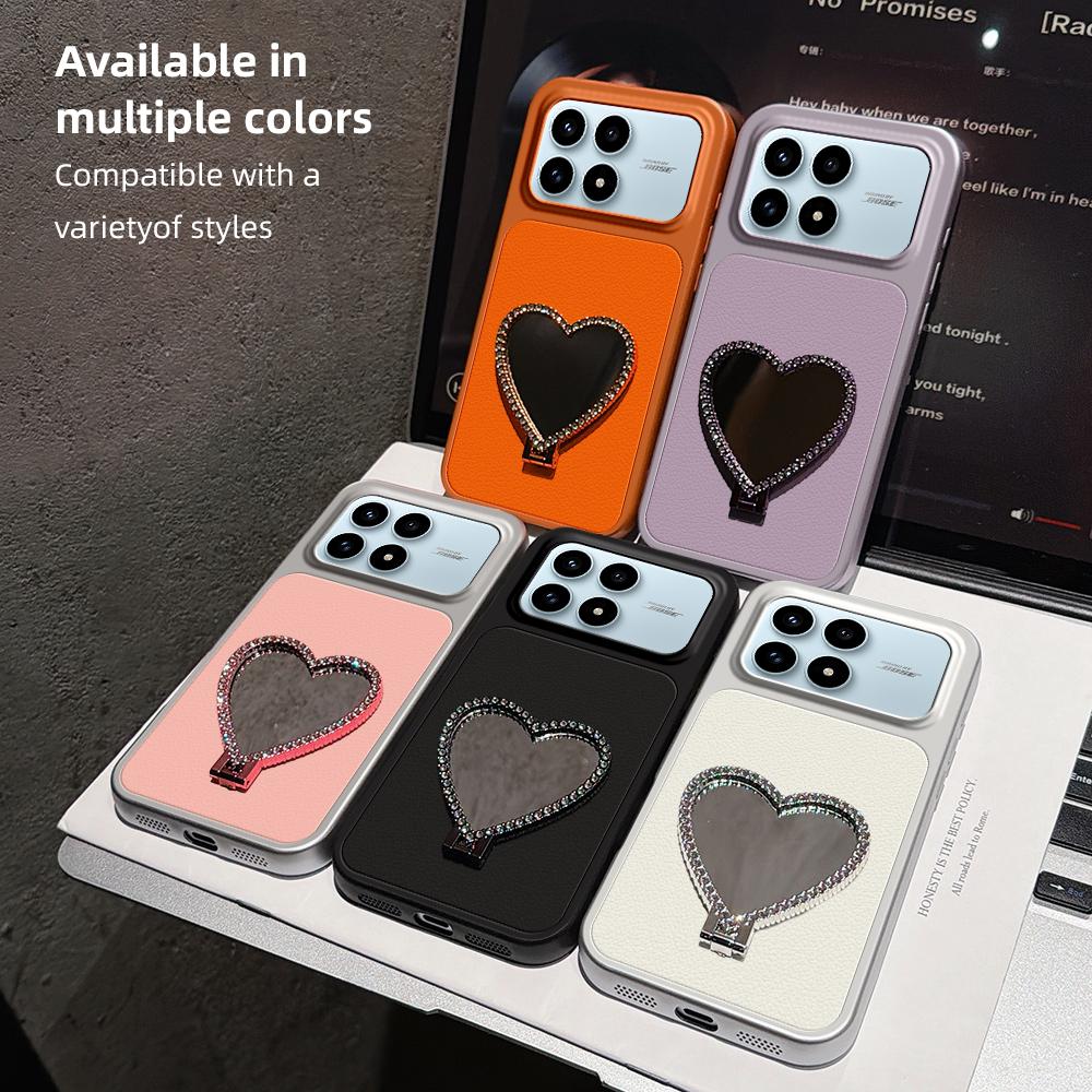For Redmi K90 Lambskin Series Skin Feel Shockproof Phone Case with Heart Mirror Holder(Pink)