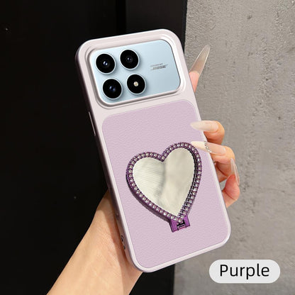 For Redmi K90 Lambskin Series Skin Feel Shockproof Phone Case with Heart Mirror Holder(Purple)