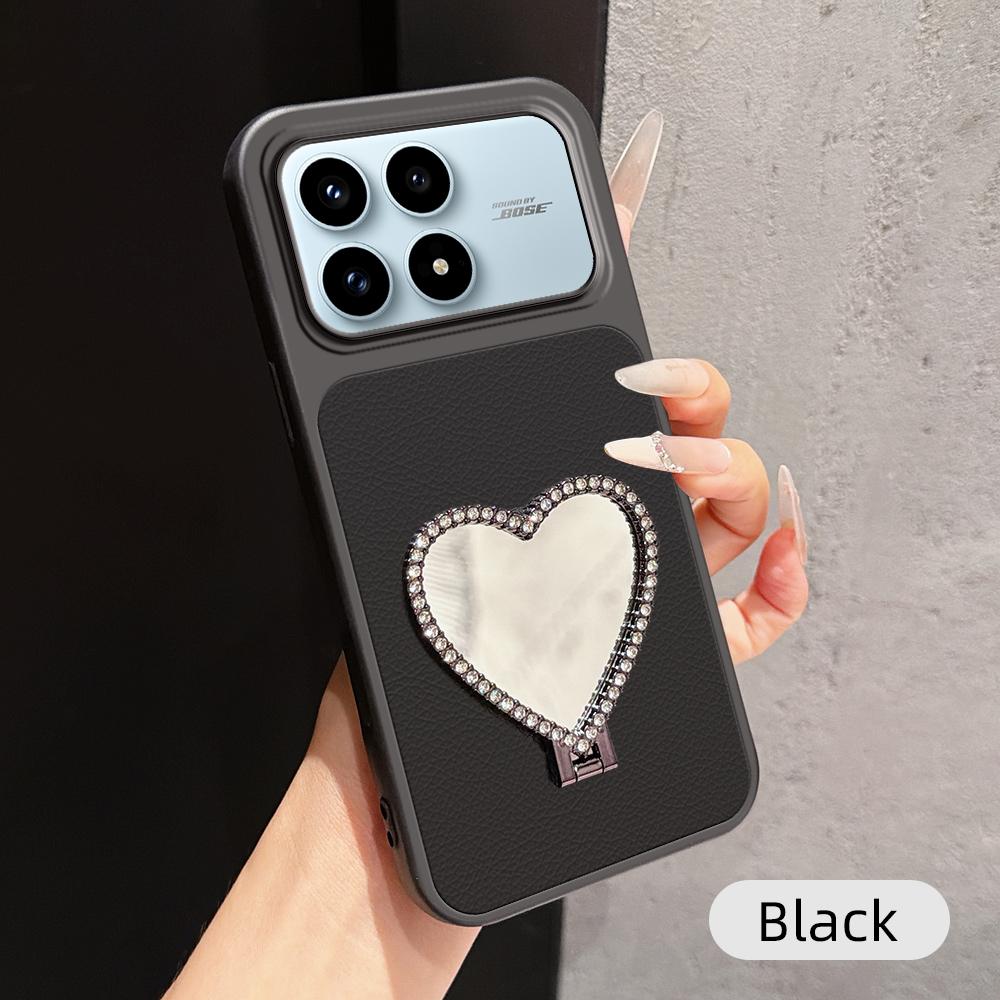 For Redmi K90 Lambskin Series Skin Feel Shockproof Phone Case with Heart Mirror Holder(Black)