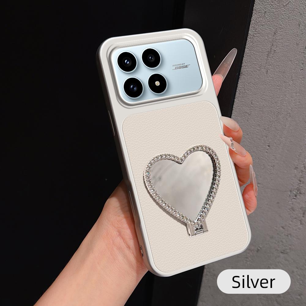 For Redmi K90 Lambskin Series Skin Feel Shockproof Phone Case with Heart Mirror Holder(Silver)