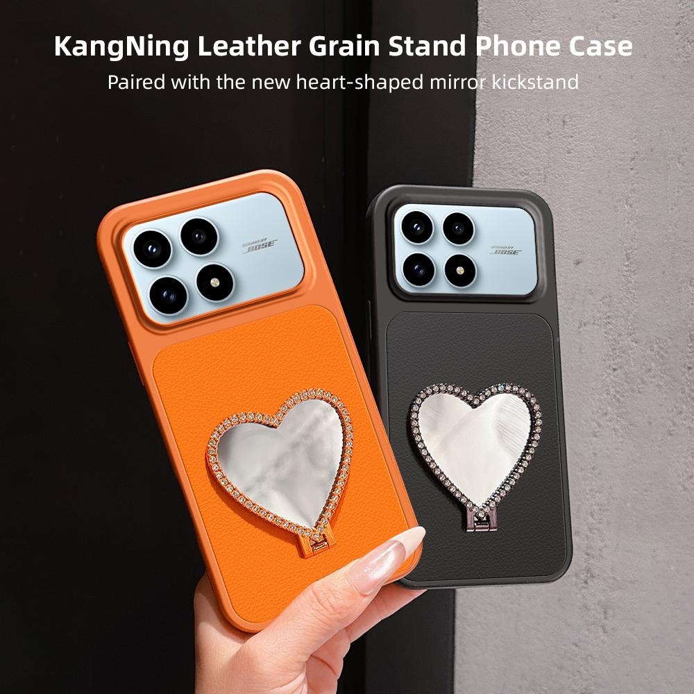 For Redmi K90 Lambskin Series Skin Feel Shockproof Phone Case with Heart Mirror Holder(Silver)