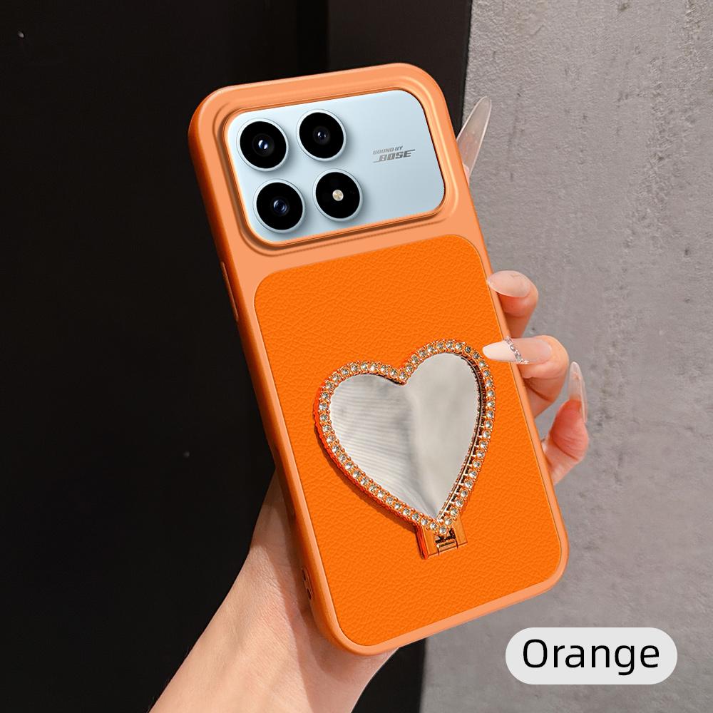For Redmi K90 Lambskin Series Skin Feel Shockproof Phone Case with Heart Mirror Holder(Orange)