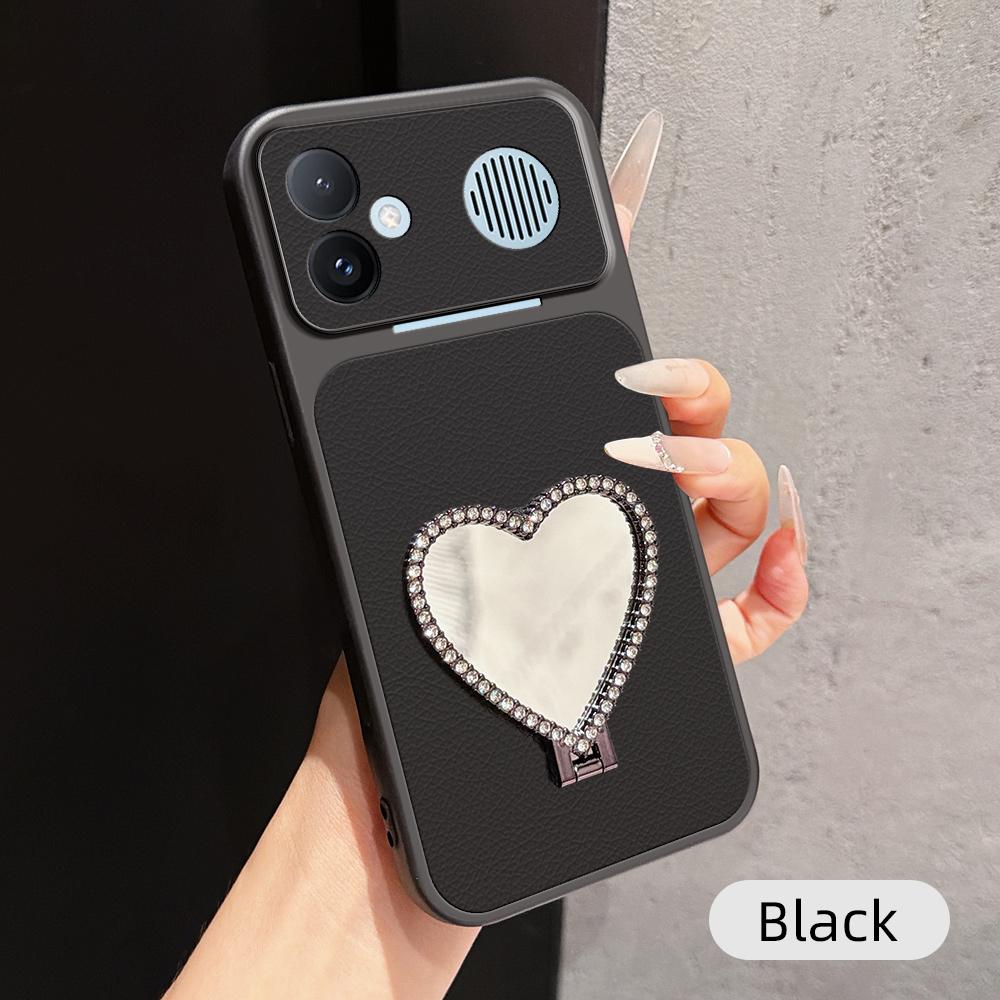 For Redmi K90 Max 5G Lambskin Series Skin Feel Shockproof Phone Case with Heart Mirror Holder(Black)