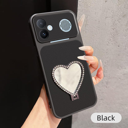 For Redmi K90 Max 5G Lambskin Series Skin Feel Shockproof Phone Case with Heart Mirror Holder(Black)