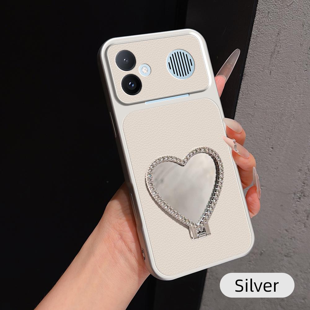For Redmi K90 Max 5G Lambskin Series Skin Feel Shockproof Phone Case with Heart Mirror Holder(Silver)