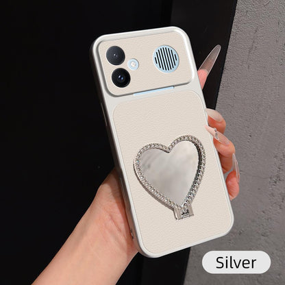 For Redmi K90 Max 5G Lambskin Series Skin Feel Shockproof Phone Case with Heart Mirror Holder(Silver)