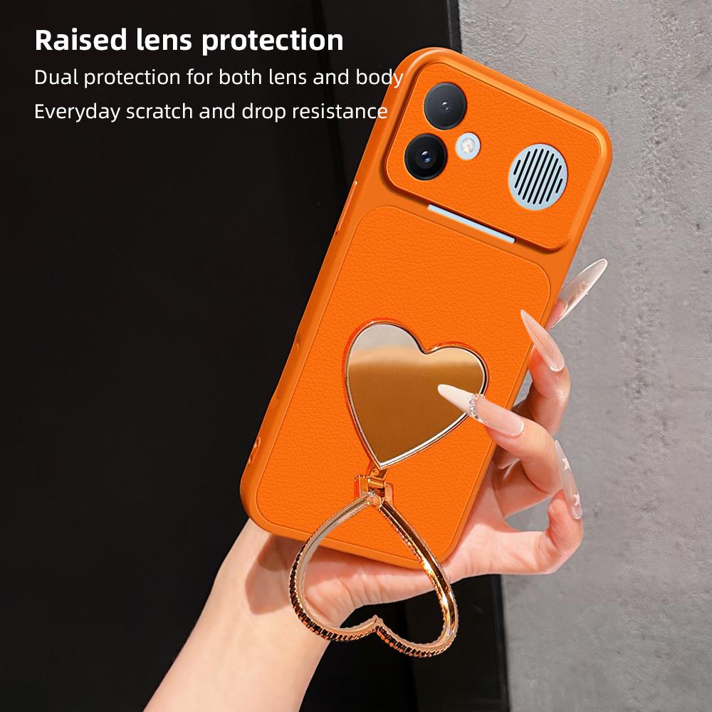 For Redmi K90 Max 5G Lambskin Series Skin Feel Shockproof Phone Case with Heart Mirror Holder(Orange)